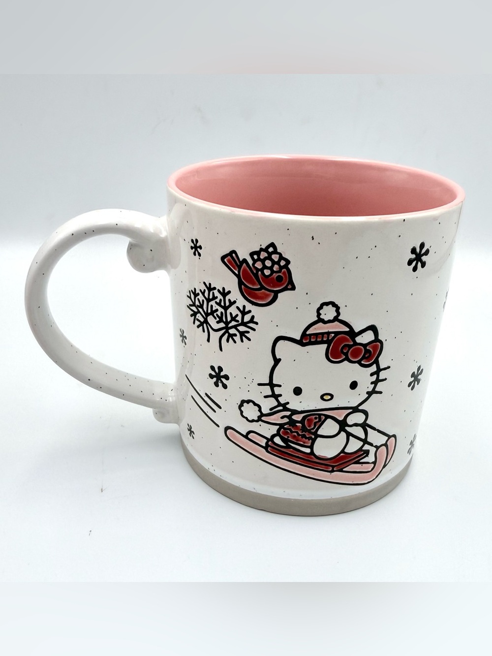 Hello Kitty Winter Sports Sledding Design Embossed Ceramic Mug Blue Sky Claywork